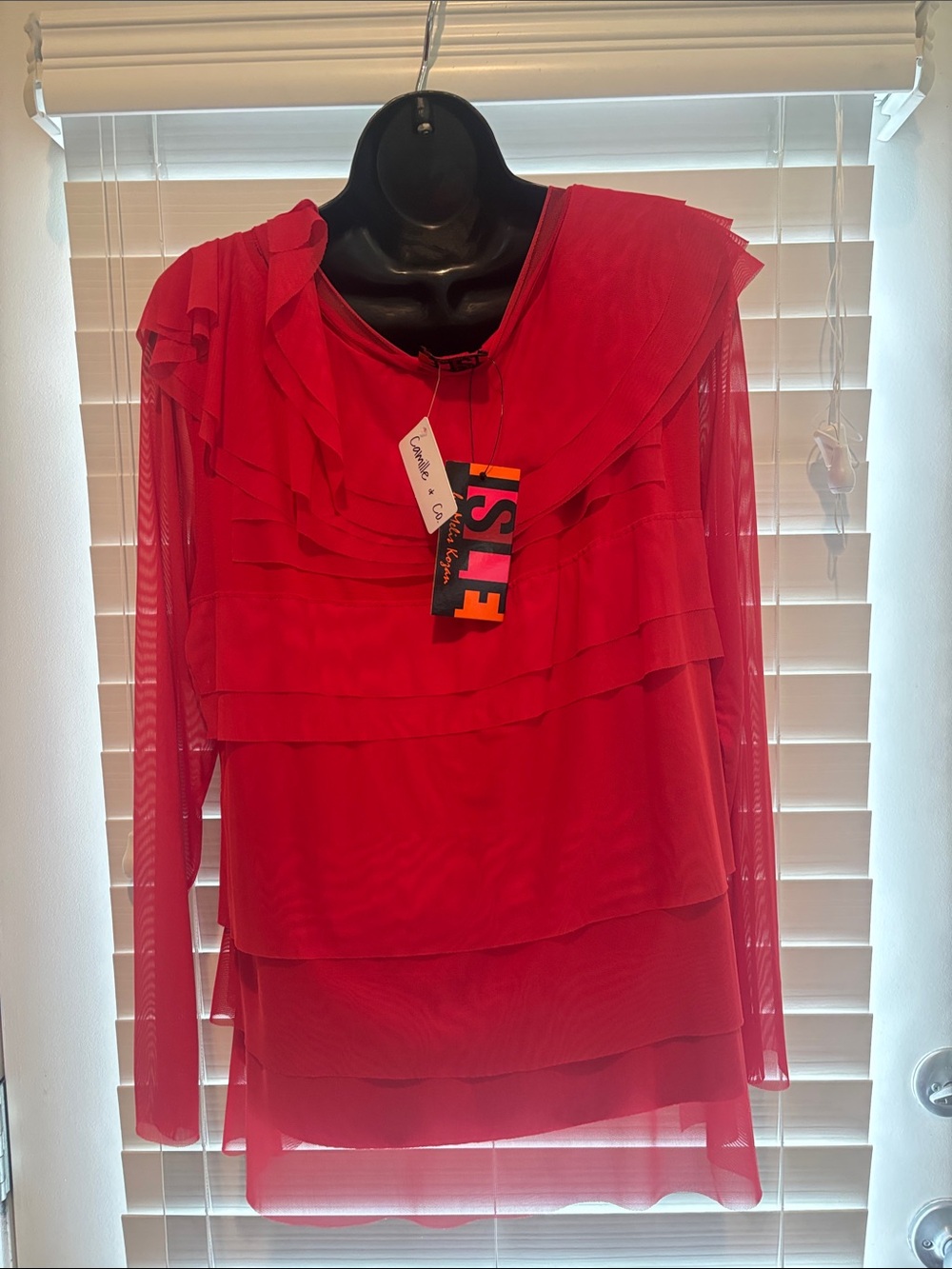 Layered Ruffle Red Long-Sleeve Blouse - Picture 5 of 5